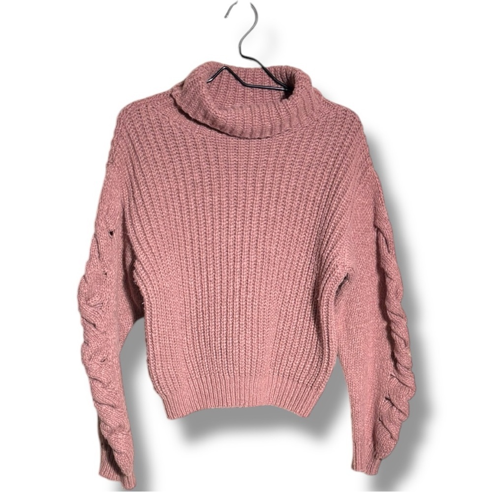 Vigoss Cozy Dusty Rose Rollover Knit Braided Sleeve Detail Turtleneck Sweater - Picture 15 of 16